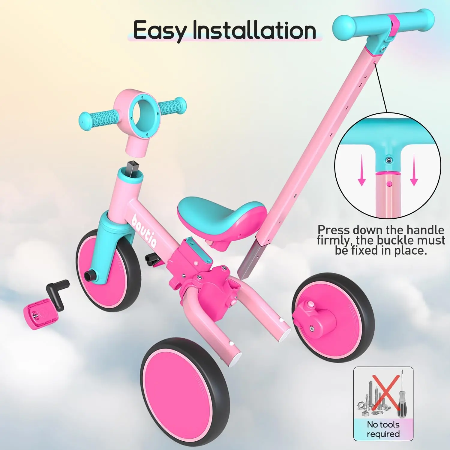 Kids Tricycle with Push Handle for Toddlers 1-4 Years Old Boys Girls Gift, 5 in 1 Baby Balance Bike for Toddlers 1-3 with Remova