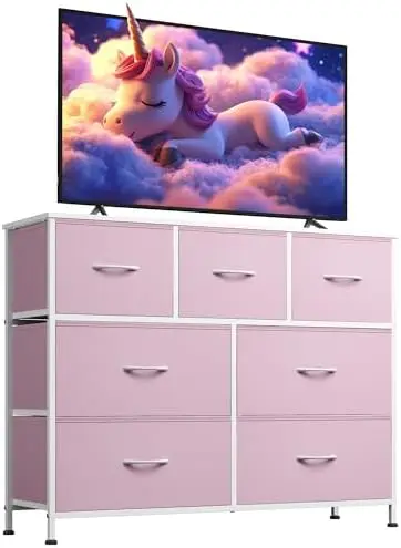 7 Drawer Dresser TV Stand, Entertainment Center, Media Console Table with Metal Frame and Wood Top for TV up to 45