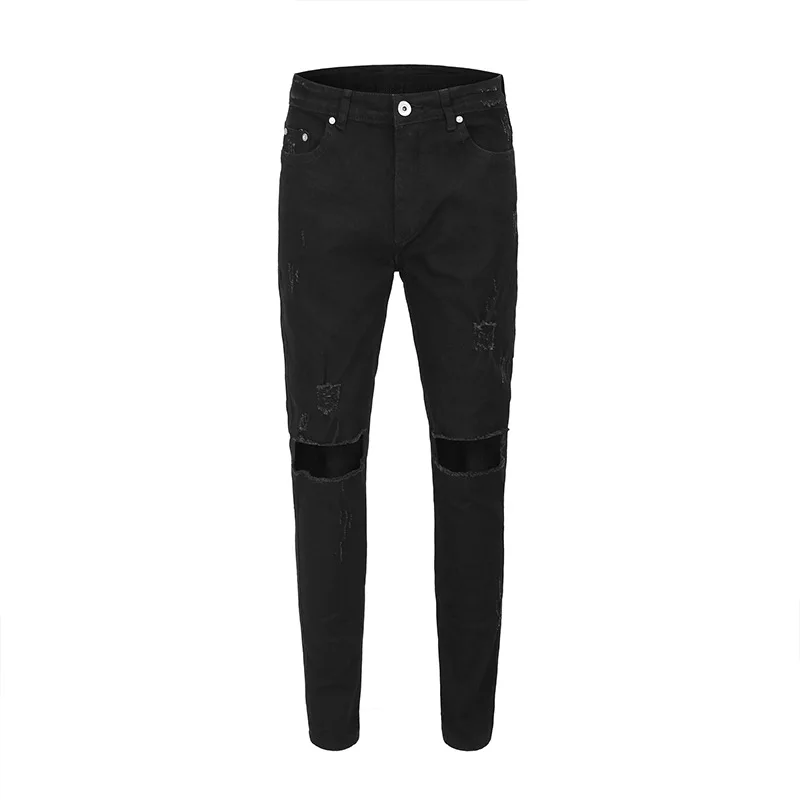 High Street Washing Slim Fit Tight Elastic Black Hole Fashion Streetwear Men's Summer Women Ripped Jeans Denim Pants