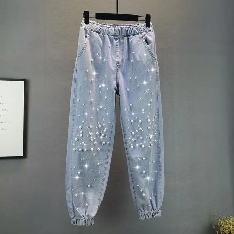 Women Plus-Size Jeans New Fashion Loose Elastic Waist Beaded Harem Cuffed Pants Y2k Trousers Cargo Blue Denim Pants New
