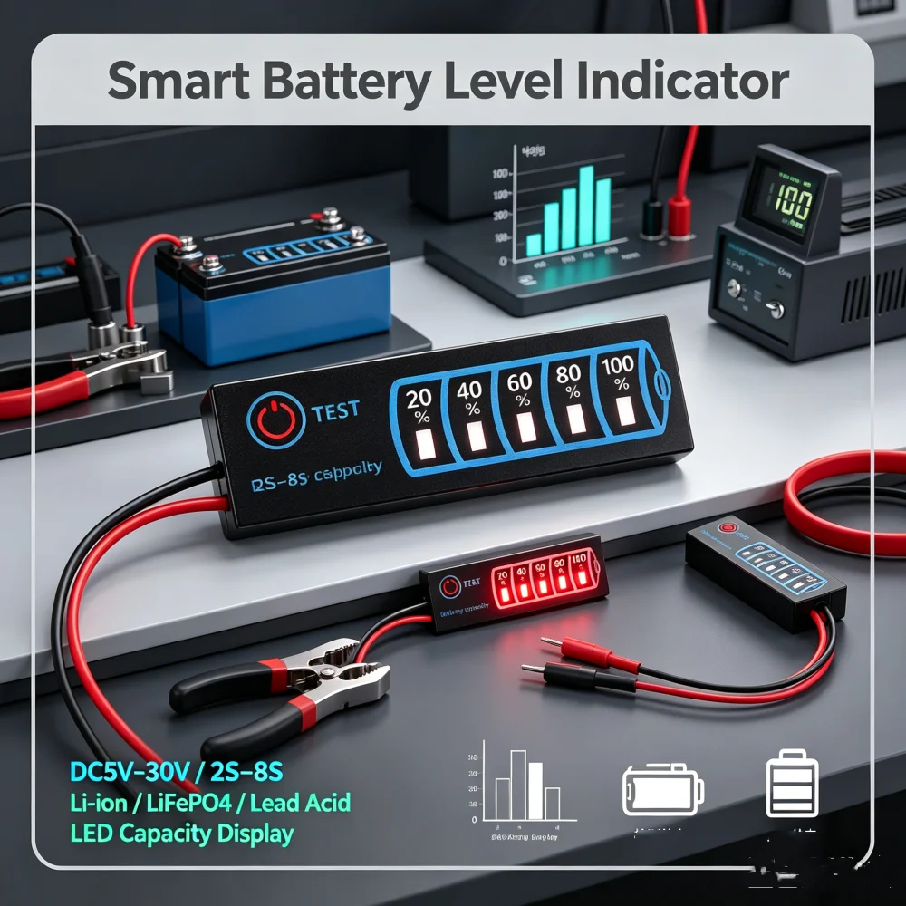 Dc 5v-30v 2S-8S Battery Level Indicator With 3 Color Led Indicator For Li-ion Battery Li-fe-phosphate Lead-acid Battery Capacity