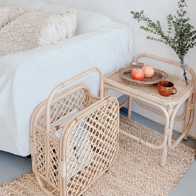 Rattan Storage Basket & Floor Standing Magazine Rack Ins Style Bookshelf Newspaper Organizer for Home & Homestay