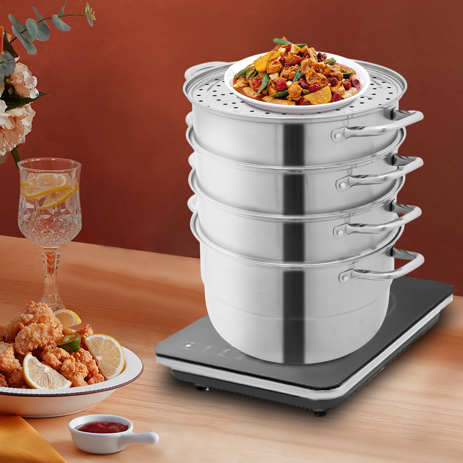 

304 Stainless Steel Steamer Pot 5 Tiers Silver Round Polished No Assembly 3 Compartments Healthy Cooking