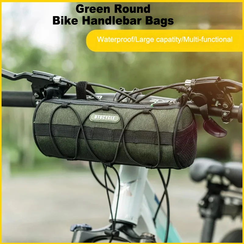 

2L Multifunctional Green Round Bike Handlebar Bags MTB Road Waterproof Elastic Rope Bicycle Front Tube Bag Outdoor Shoulder Bag