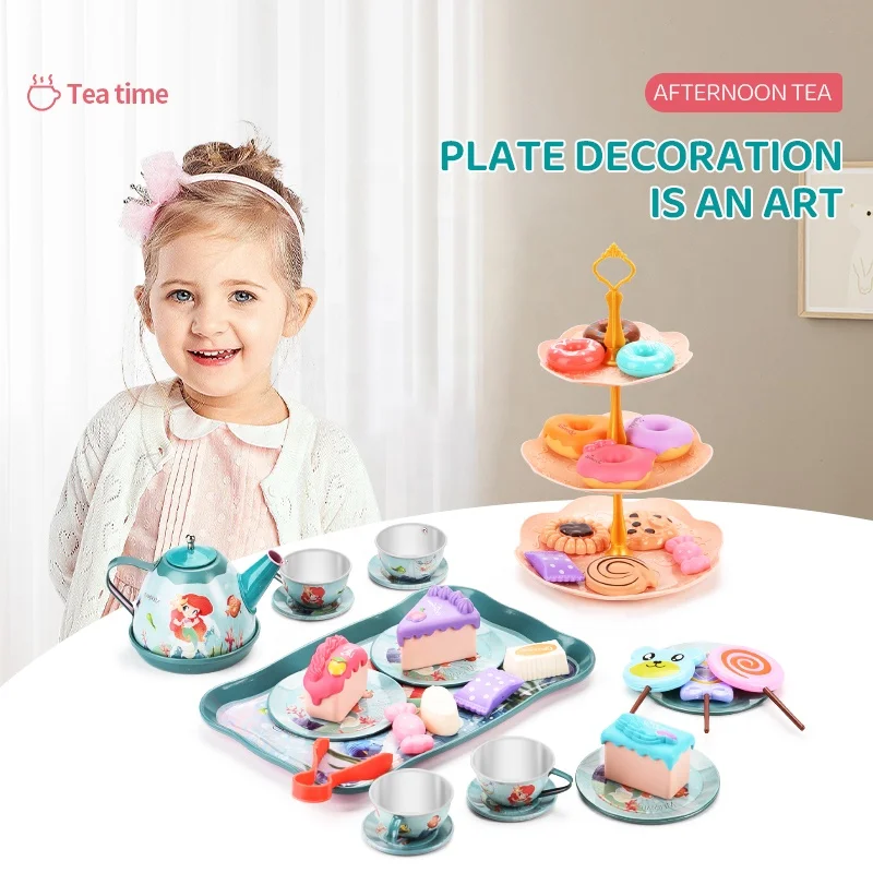 Mermaid Tinplate Afternoon Tea Set Desserts With 3-layer Dessert Stand Simulated Party Cakes Toys For Kids