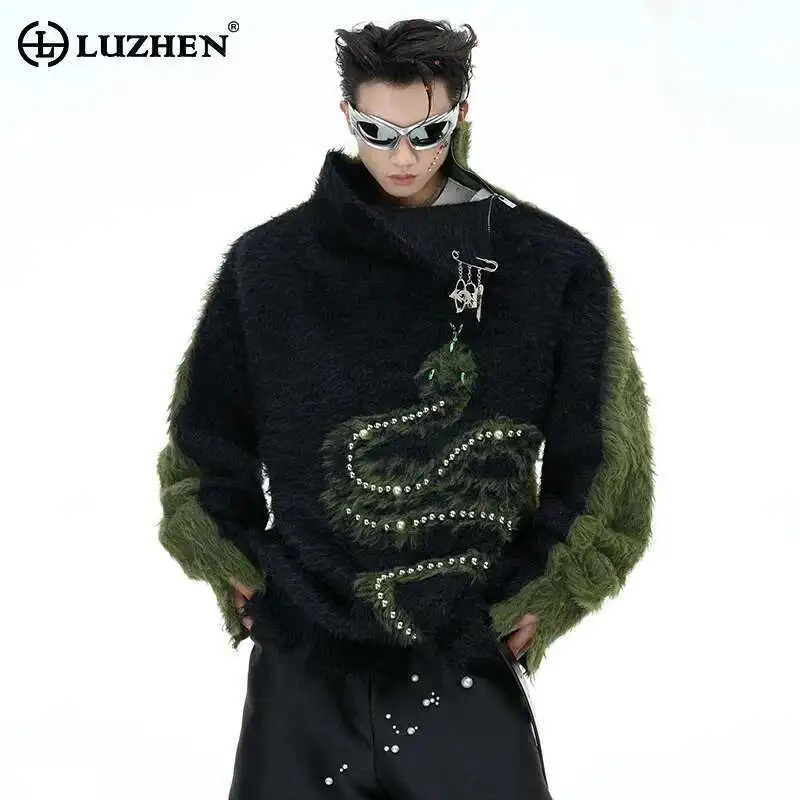 

LUZHEN 2025 New High Street Style Personalized Embroidery Patchwork Design Long Sleeve Knitted Tops Men's Fashion Sweater LZ8432