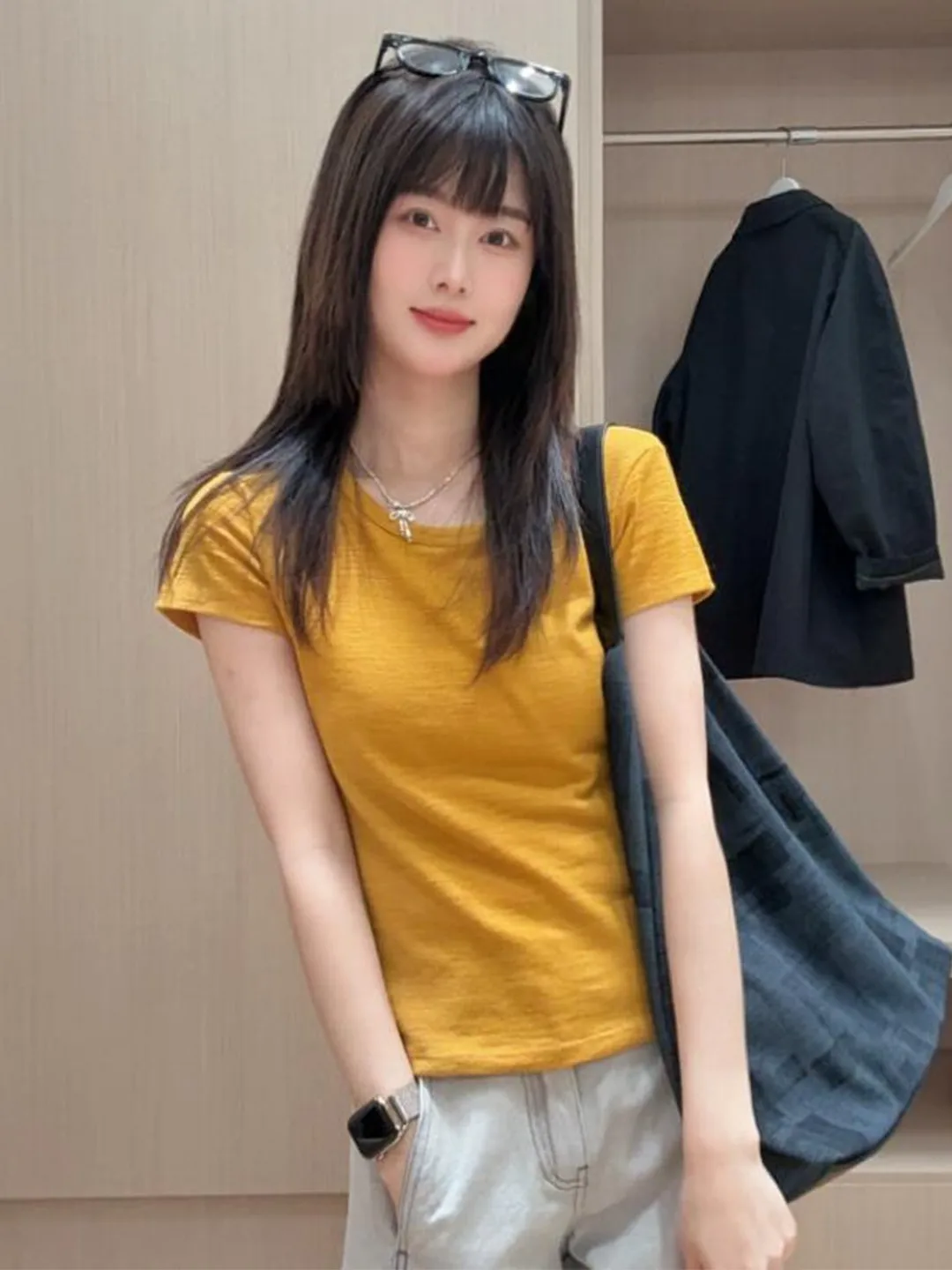 Korean Style round Neck Short Sleeve T-Shirt Women's Slim Fit Color Casual Fashion Summer New Arrival Versatile Top