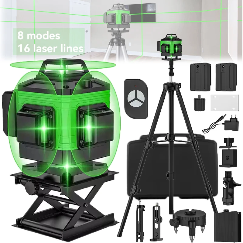 Niveau laser 4D 16/12/8 lignes, ligne verte rechargeable 360 °   Ensemble de niveaux laser à faisceau vert horizontal et vertical auto-nivelant