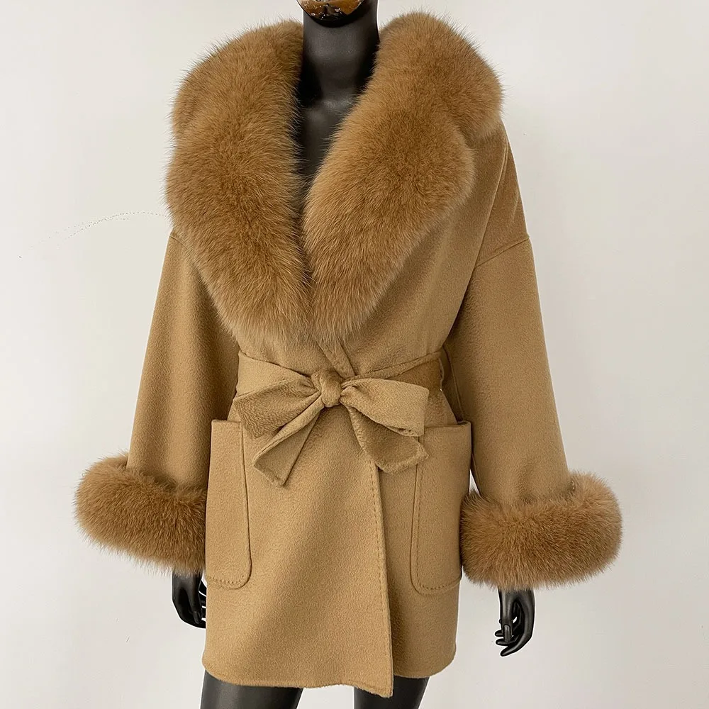 المرأة معطف الصوف 2025 جديد الخريف الشتاء ريال فوكس الفراء سترة الطبيعية الراكون الفراء الصوف سترة الإناث الدافئة الفراء الأصفاد معطف من قماش الكشمير