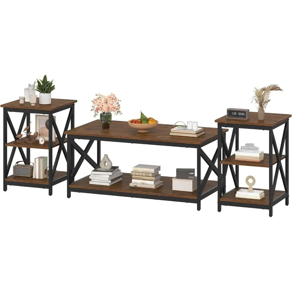 

Living Room Coffee Table Set of 3, Industrial X-Design Coffee Table and 2 End Side Tables, 3 Piece Living Room Table Set with L
