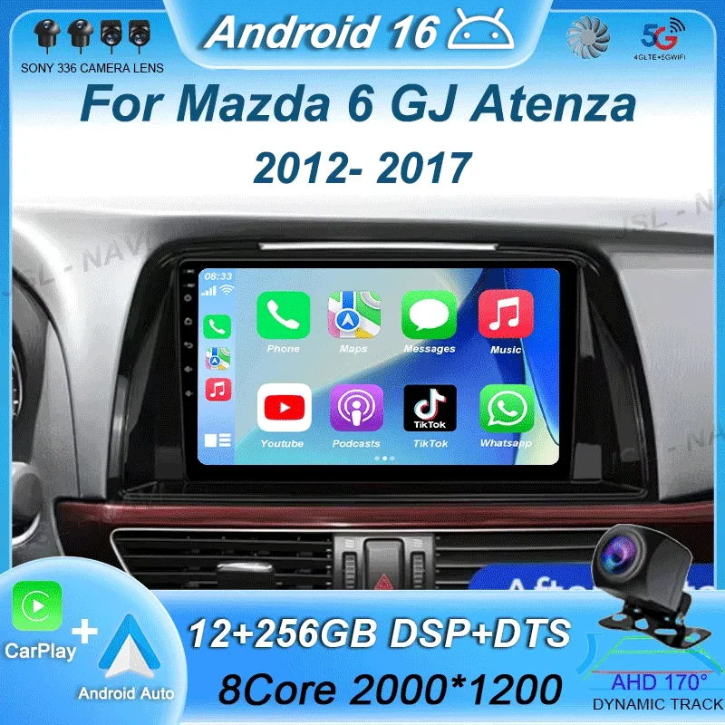 

Android 16 для Mazda 6 GJ Atenza 2012-2017: Беспроводной CarPlay, Автомобильная мультимедийная система, Автомагнитола, Видеоплеер, GPS