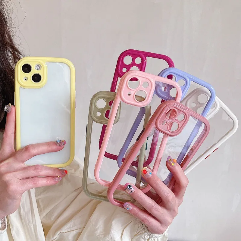 

New INS Candy Color Frame Clear Phone Case For iPhone 16 15 14 13 12 11 X XR XS Pro Max Plus Transparent Protective Cover