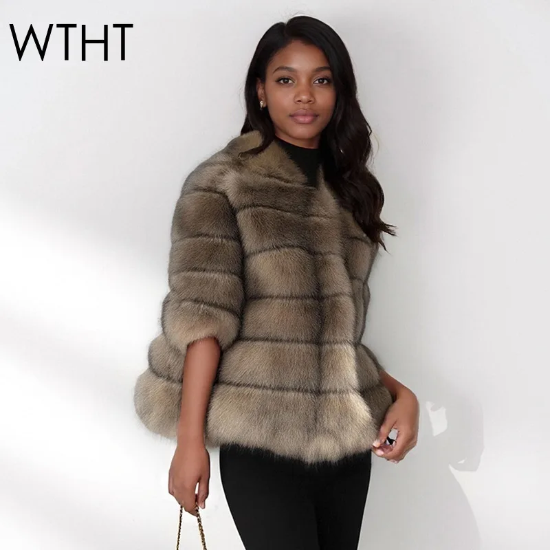 

WTHT Trendy New Women's Striped Plush Fake Fur Jacket 2025 Winter Fashion Lapel Long Sleeves Warm Coat Female 1LS2576