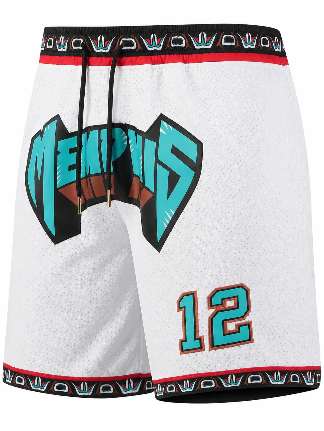 2026 Hot Sale Retro 12 Basketball Shorts White Mesh with Tribal Trim and Turquoise Accents Men and Kids