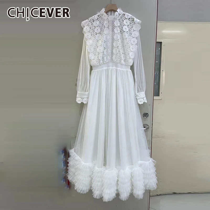 

CHICEVER Temperament Folds Long Dresses Stand Long Sleeve High Waist Embroidry Floral Patchwork Button Elegant Dress Female New