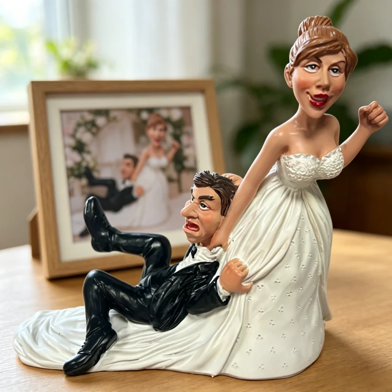 Comical Wedding Couple Statue, Resin Bride Pulling Groom Figurine, Funny Cake Topper & Desk Ornament