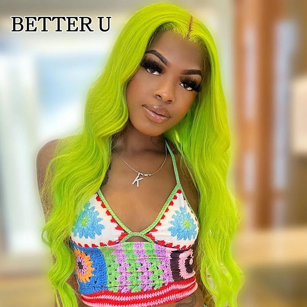 

Yellow Green Colored Human Hair Wig Body Wave 13x6 HD Transparent Lace Front Wig Pre Plucked 13x4 Lace Frontal Wig For Women