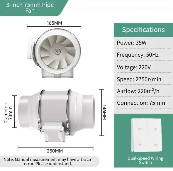3 Inch PVC White Booster Mixed Flow Ventilation Fan Dual Switch For Kitchen Bathroom For Exhaust Duct Air Circulation Ventilator
