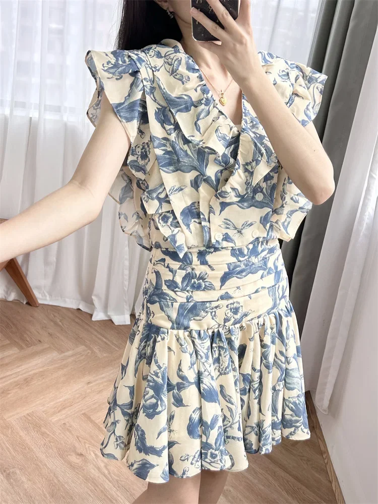 Summer New Retro Women's Floral Print Suit Ruffled V-neck Double-breasted Sleeveless Vest or High-waisted Pleated Mini Skirt