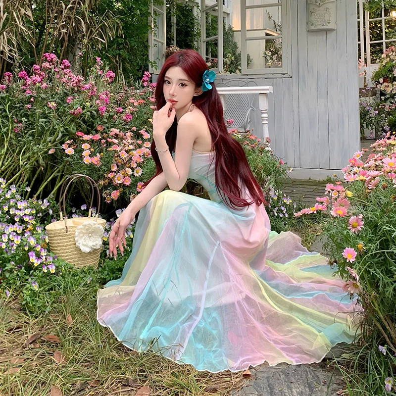 

French Strap Dress Women's Summer Fairy Dress Seaside Vacation Beach Dress