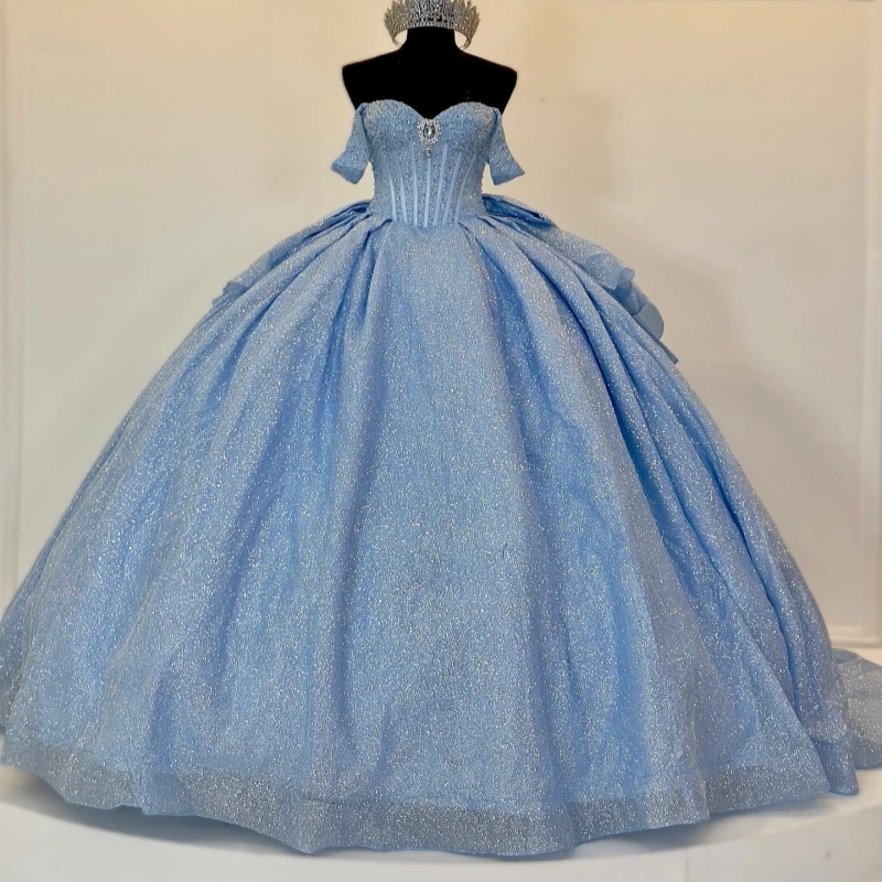 

Голубые блестящие платья Quinceanera с открытыми плечами, расшитые бисером и кристаллами, бантом, тюлевым корсетом, вечерние, день рождения, милое платье 16, Vestidos 15