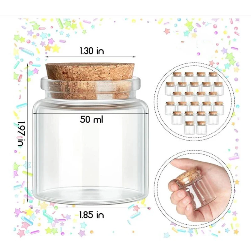 12/24/60Pcs Cork Bottles 50ml/ 1.7Oz Small Glass Jars Spell Jars Clear Potion Bottles with Cork DIY Sand Water Message Decor