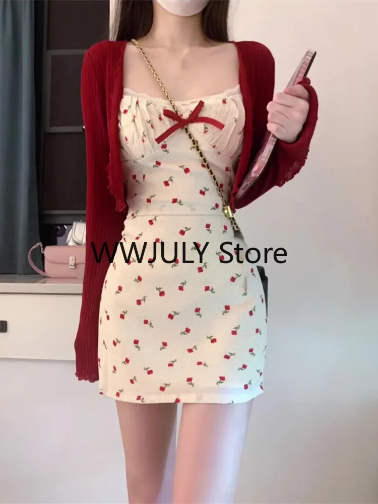 Sweet 2 Piece Dress Set Woman Red Long Sleeve Cardigan + Strap Floral Y2k Mini Dress Party Korean Fashion Suit 2023 Autumn Chic