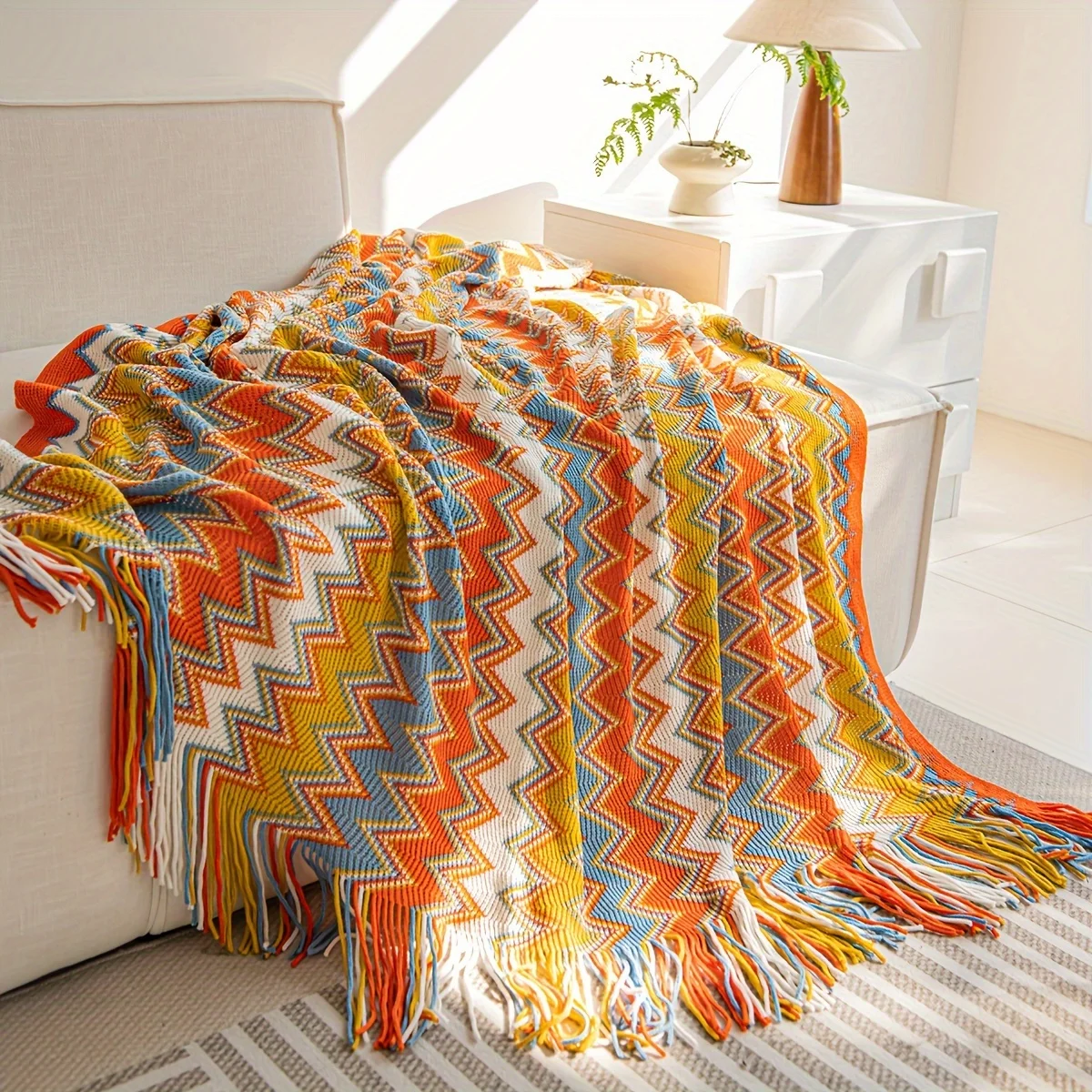 1piece Bohemian brown knitted sofa blanket is mite-proof, anti-allergy and breathable for bare skin