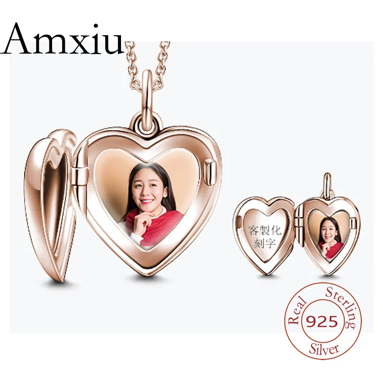 Amxiu Sterling Silver 925 Creative Photo Birthday Gift For Girlfriends DIY Gold-Plated Heart Necklace S925 Lover Necklace