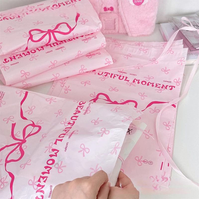 10Pcs Pink Plastic Courier Bags Bow Knot Printed Express Envelope Clothing Packing Shipping Envelopes Self Adhesive Mailing Bag