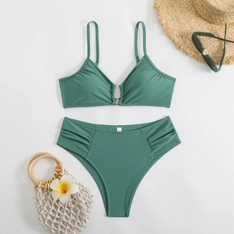 V NeckWomen Bikini Simple Sexy Solid Color Mid-Waist Triangle Women Bikini Set Women Swimwear Push Up Swimsuit