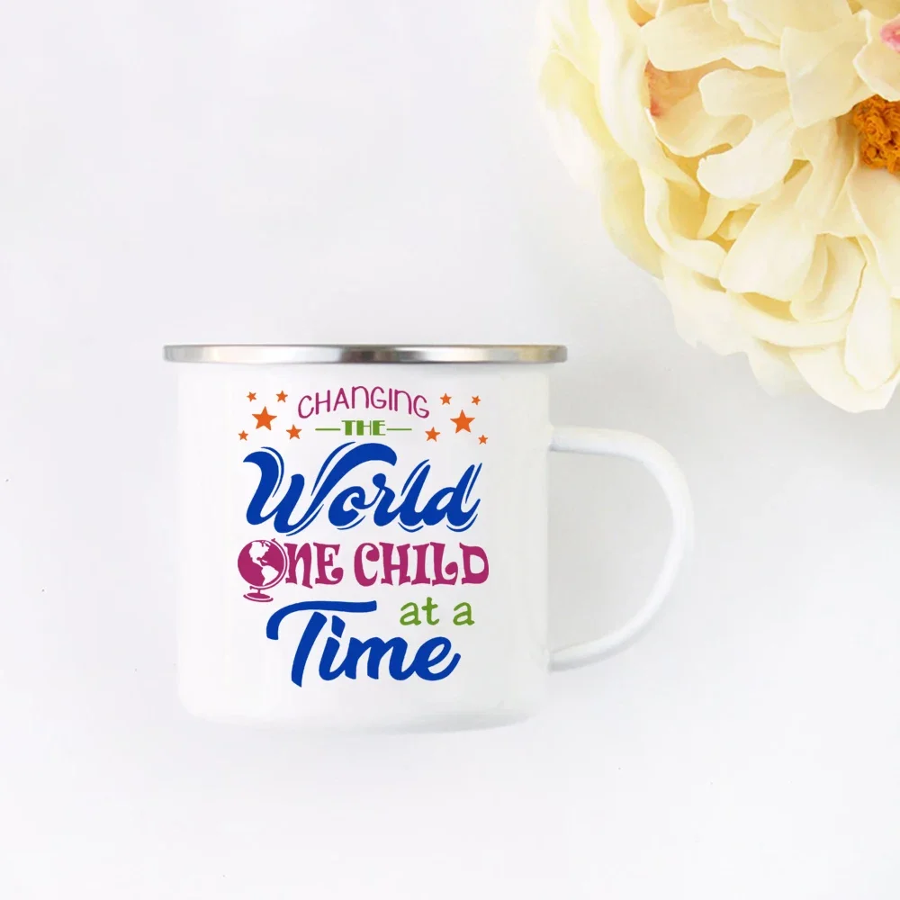 Teachers can change the world earth print mug Enamel Coffee Mug Creative Water Cups Handle Drink Milk Cup Mugs Gifts for Teacher