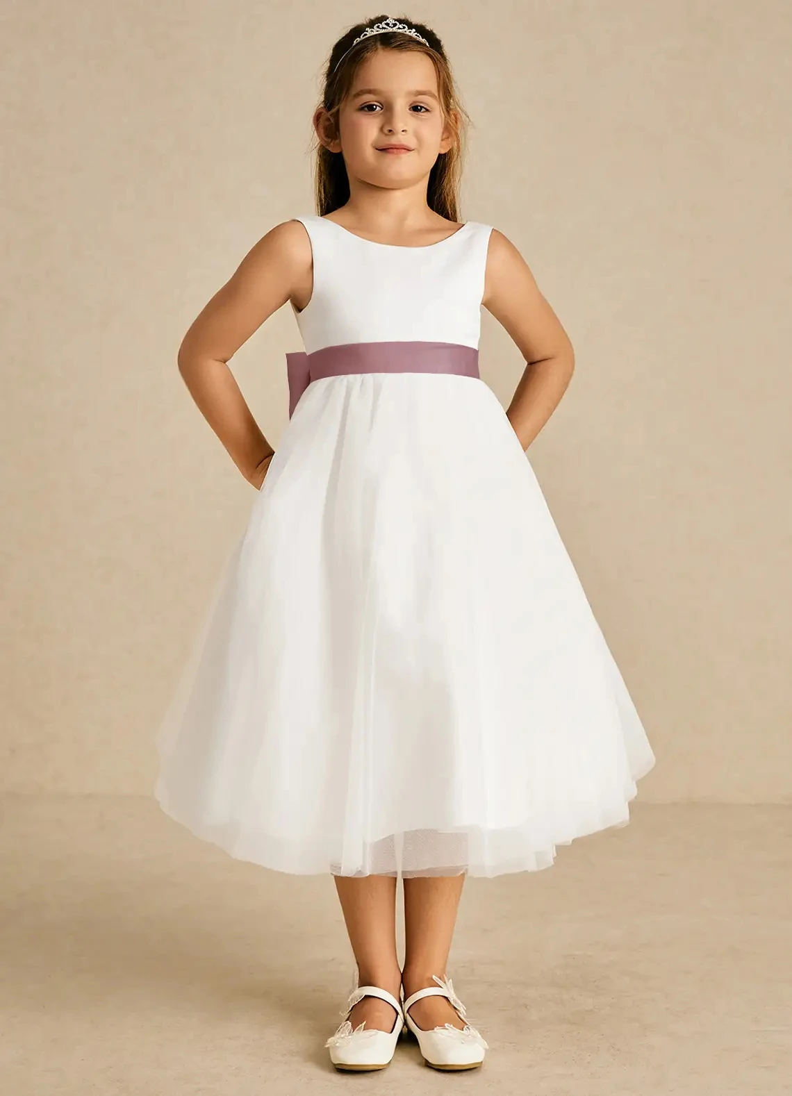 Customized Dress for Girls Ivory Dusty Rose A-Line Bow Matte Satin Flower Girl Dresses Sash Formal Party Princess Kids' Gowns