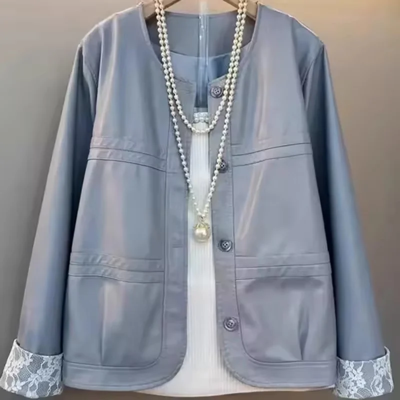 2025 outono novas mulheres jaqueta de couro do plutônio rendas punhos soltos jaquetas de manga comprida feminino xiaoxiangfen casaco de couro fashionstop