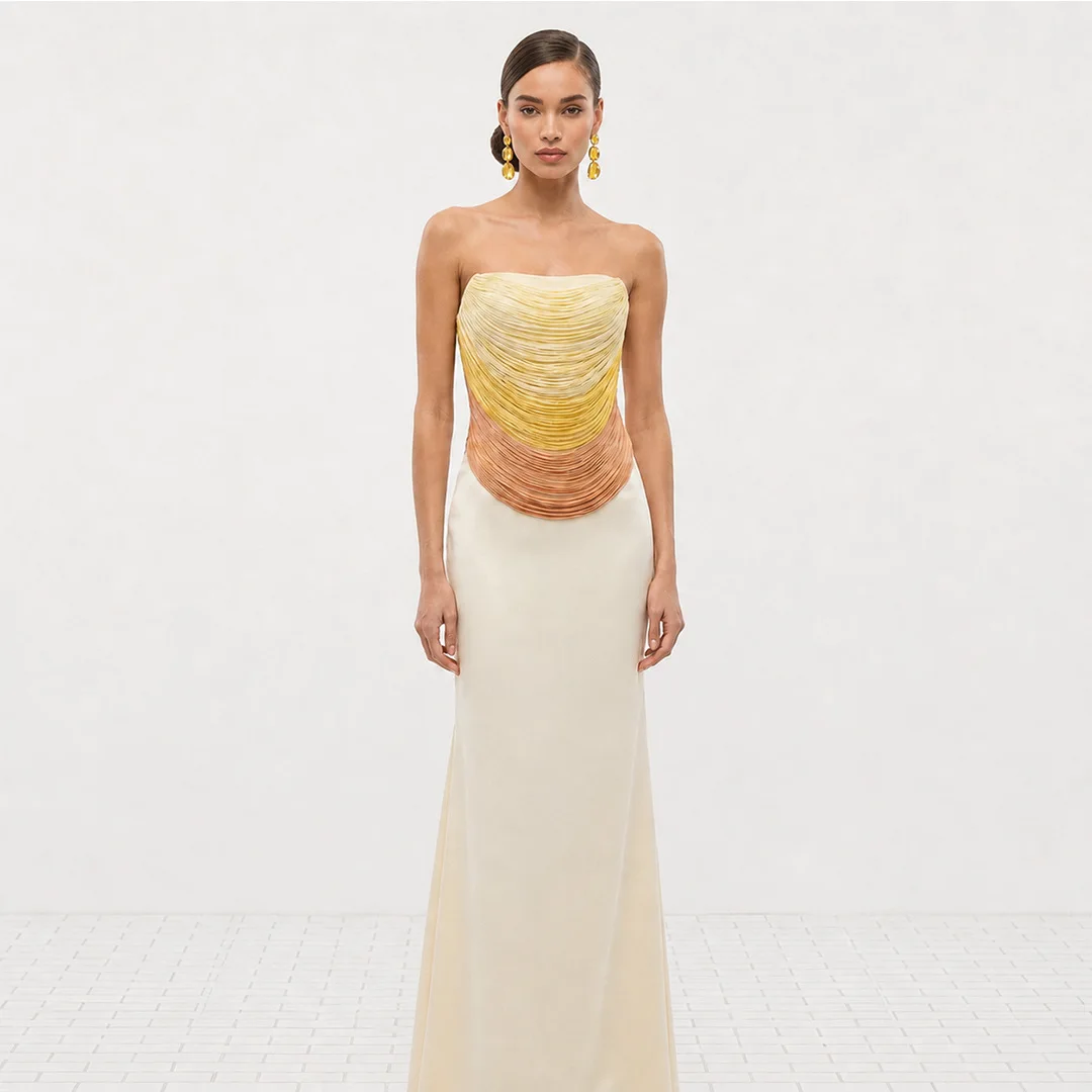 Sexy Strapless Gradient Tassel Long Bodycon Bandage Dress Sleeveless Backless Draped Evening Dress Banquet Party Formal Occasion