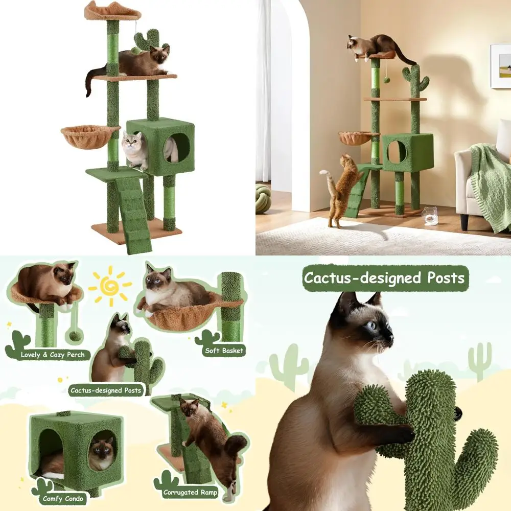 

«59,5-дюймовая высокая башня для кошек с очаровательным окунем, уютным живым пространством, лестницы для скалолазания и дом с мягкой тканевой крышкой для дома.