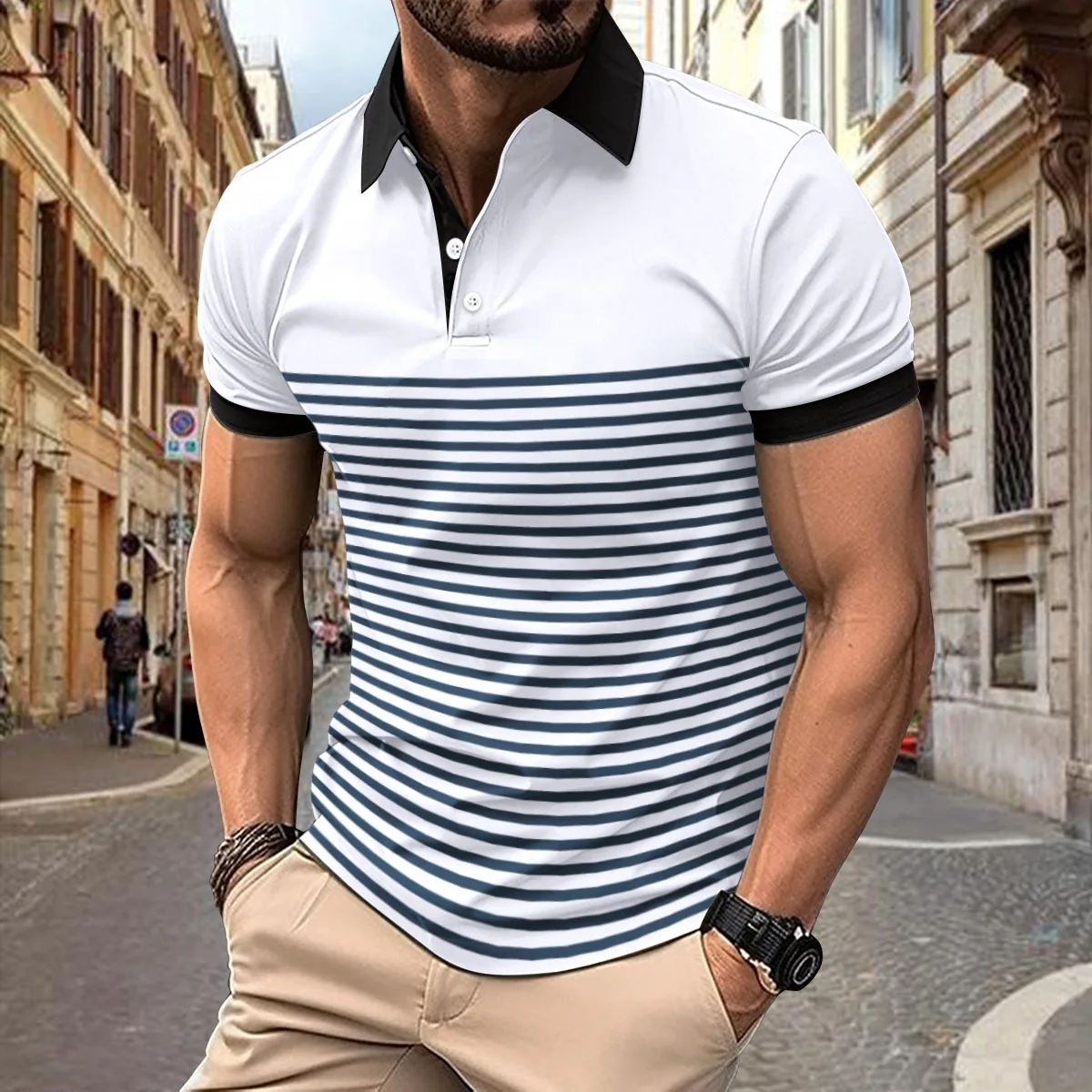 Men's Fashion Polo Sequoia Stripe Print Men's Casual V-neck Button Short Sleeve Men's Comfortable Shirt Top Summer