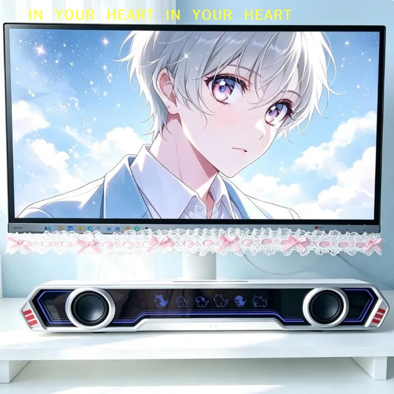 【X】Computer Monitor Frame Decor Strip Stickers Black Bow Lace Wings Design for Home Office Student Desk Decor Gift