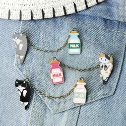 Cute Little Cat Cubs Drinking Milk Enamel Pin Poor Little Kitten Get Picked Up Brooch Funny Milk Bottle Badge Kids Jewelry Gifts