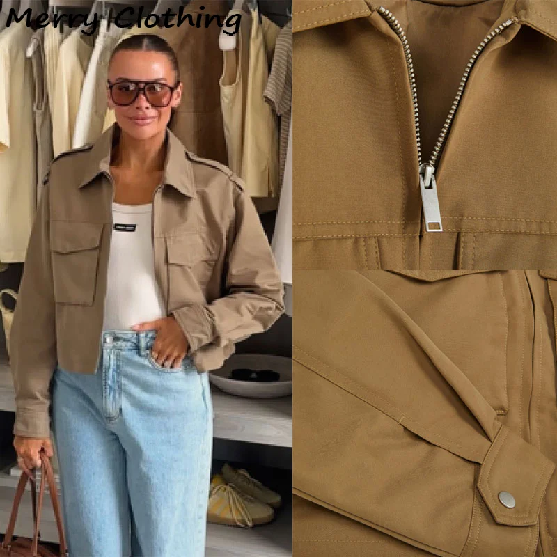 

Retro Women's Jacket Lapel Collar Long Sleeve Pockets Zippers Short Coat 2025 Autumn New Fashion Lady Street Commute Outwear