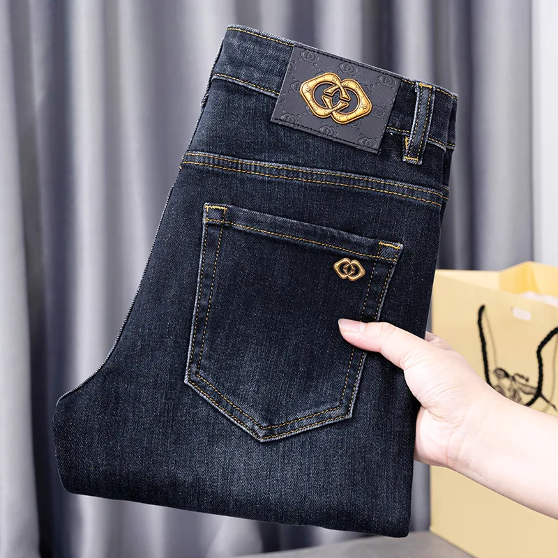 Celana Jeans bisnis pria, celana panjang kurus meregang kasual Slim Fit dipertebal untuk lelaki 2024