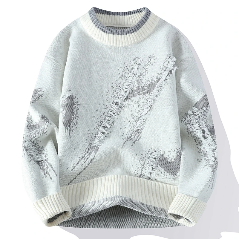 Autumn High Street Trendy Ripped Knit Sweater 2023 Fashion Hip-Hop High Quality Pullover Outdoor Loose and Warm Thick Street