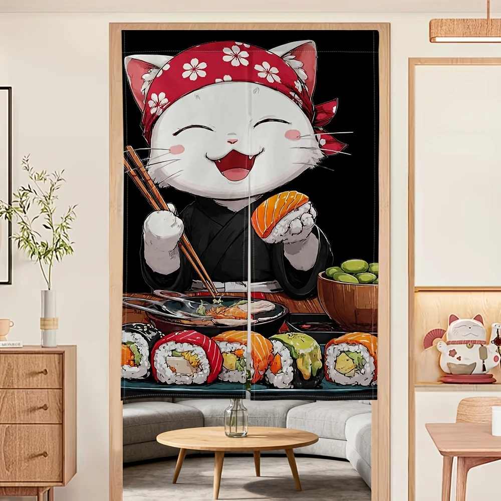 VIKAMA Cartoon Japanese-Style Food Cat Door Curtain, Hand-Painted Salmon Print Half-Door Curtain, Kitchen Divider and Home Decor