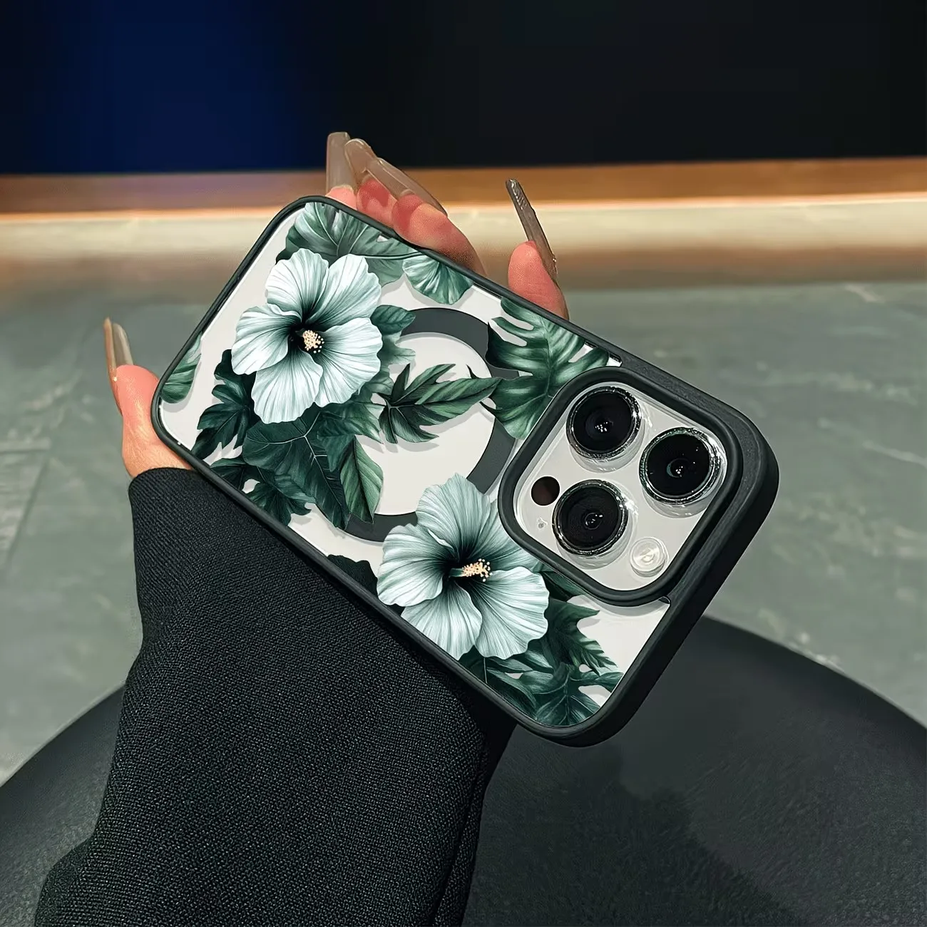 Green Floral Print Phone Case For iPhone 17 16 15 14 13 12 11 Pro XS Max X XR Plus Mini Air 17e 16e Clear MagSafe Magnetic Cover - view 4