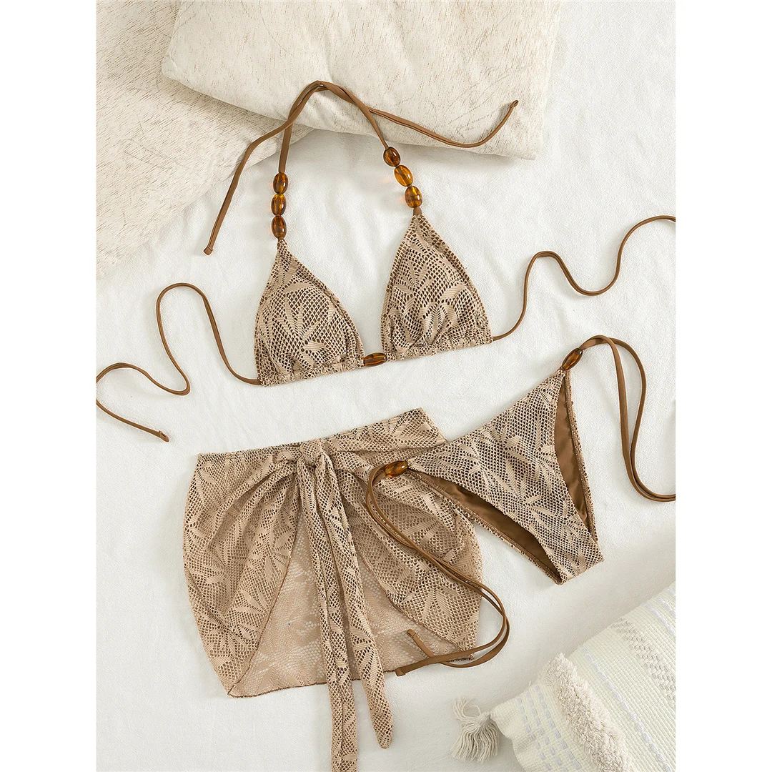 S - XL Mit Rock, bedruckter Neckholder-Bikini, Damen-Badebekleidung, dreiteiliges Bikini-Set, Badeanzug, Badebekleidung, Schwimmbekleidung V8195 – Detail 4