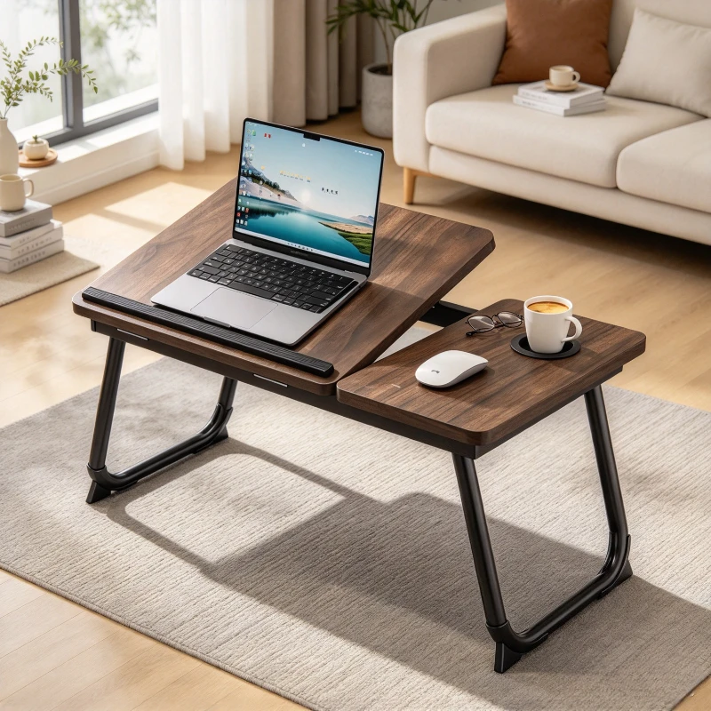 Adjustable Bed Laptop Desk with 5 Tilt Angles and Split Surface Walnut Color Folding Reading Table for Students in Dorm Rooms