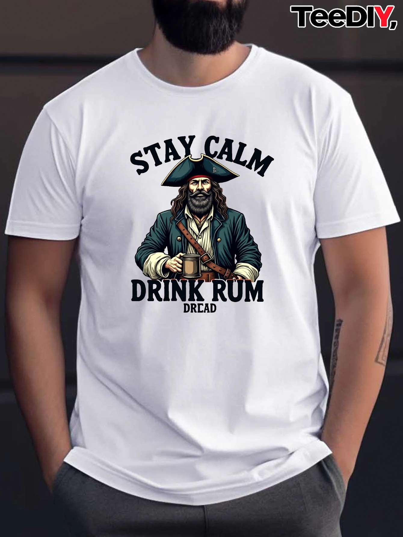 

Men's Funny Pirate Graphic T-Shirt Stay Calm Drink Rum Pirate Design Lightweight Breathable Fabric Comfortable Fit