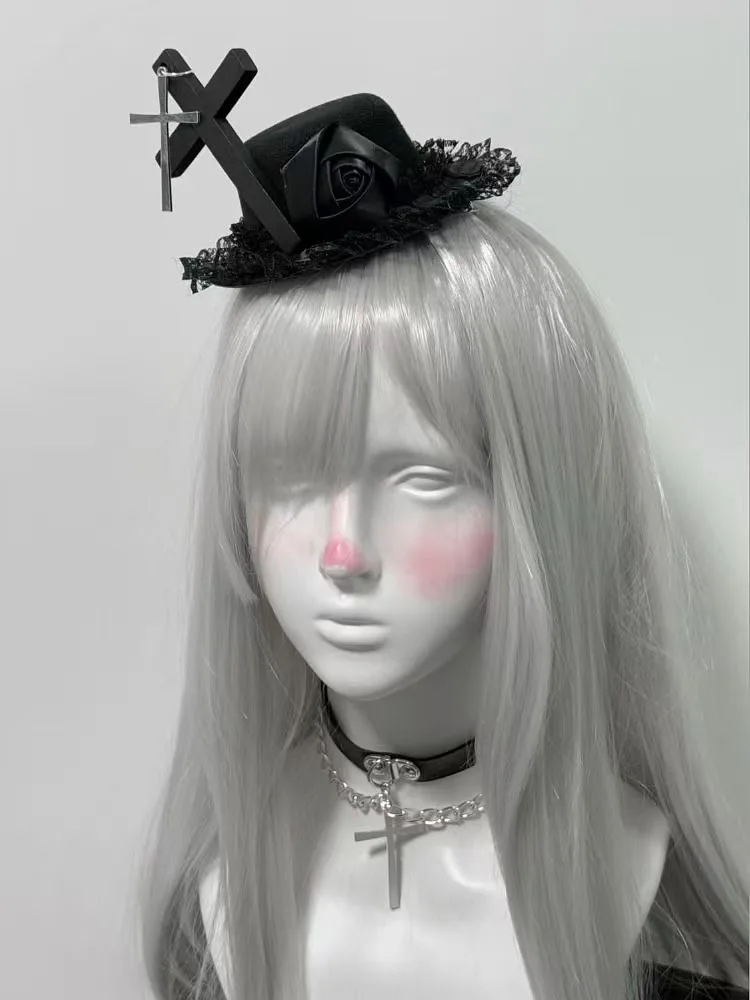 女の子のためのゴシックレースリボンヘッドドレス、コスプレロリータのためのローズクロスシルクハットダークワイルドの帽子、ハロウィーンのためのヴィンテージロイヤルヘッドピース