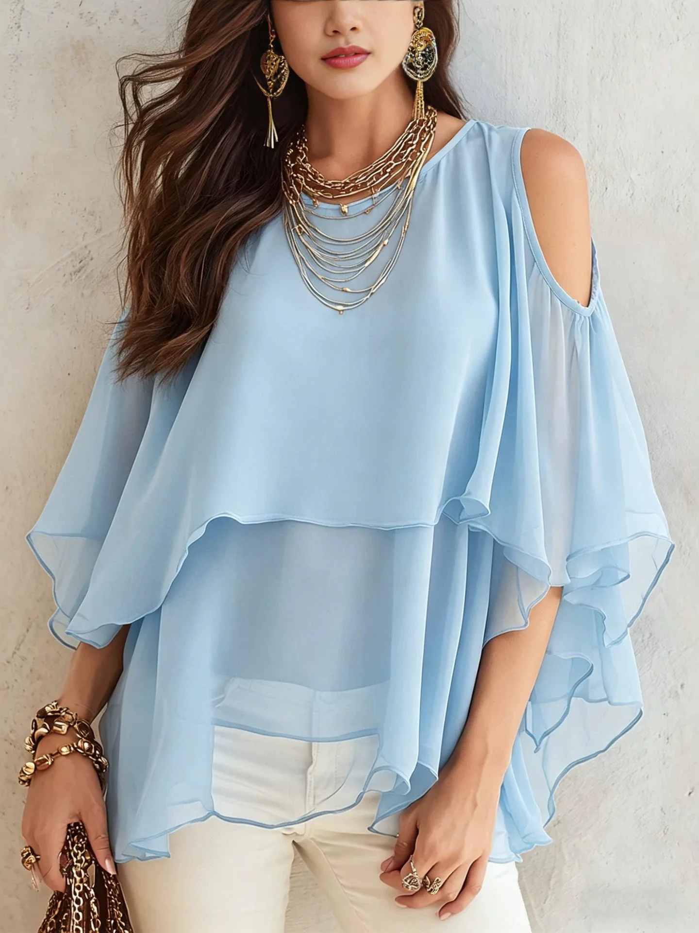 Women's Fashionable Pure Color Breathable Top Cover up Casual Style Loose Fit Splice Design Polyester Blend Chiffon Shirt