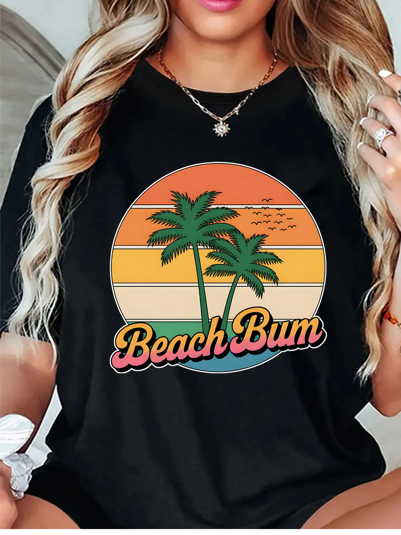 Beach Bum Retro Sunset Palm Tree Birds Vintage Summer Graphic Womens T Shirt Short Sleeve Crew Neck Casual Ladies Tee Tops